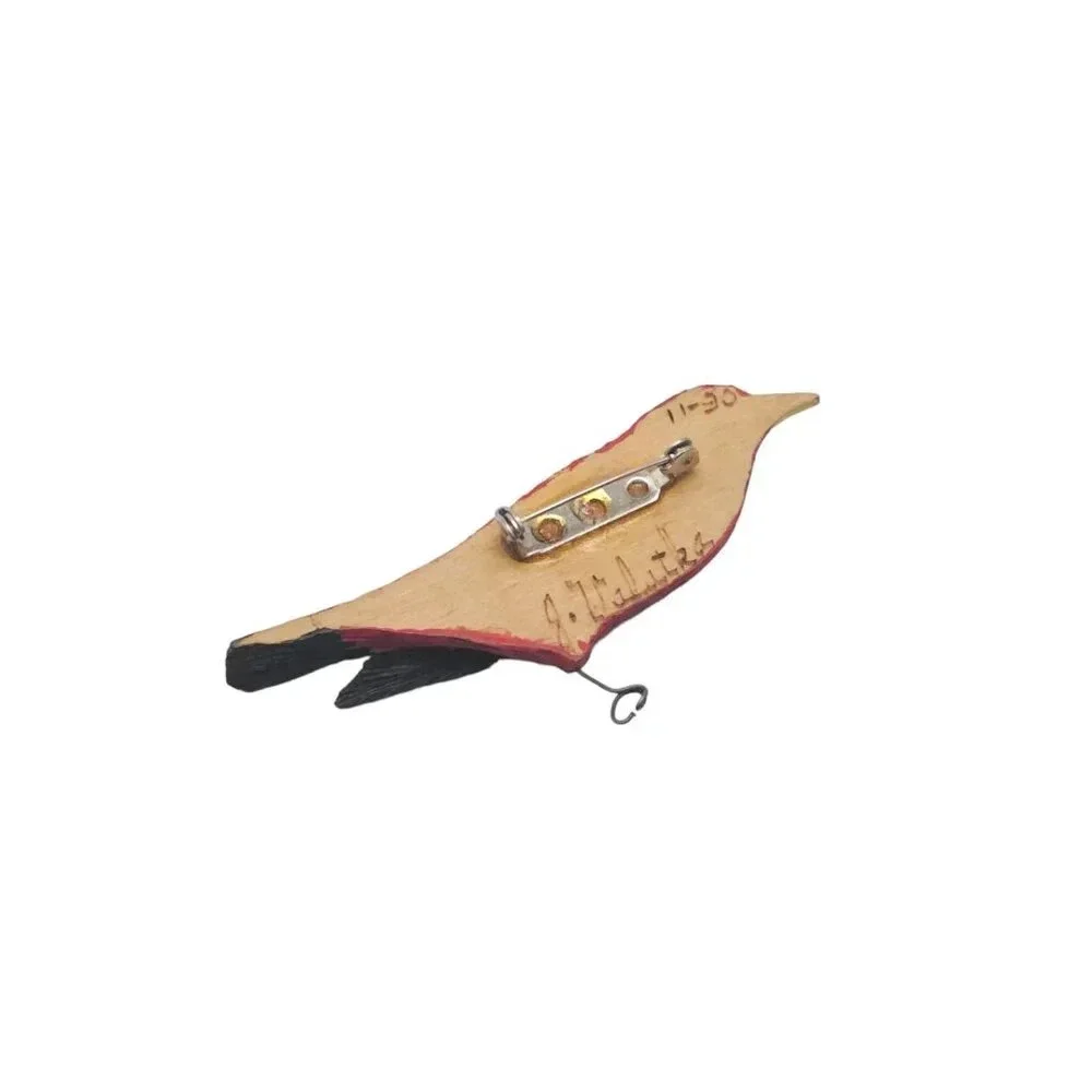 Artist Signed Scarlet Tanager Wood Red Black Yellow Bird Brooch Pin Vintage